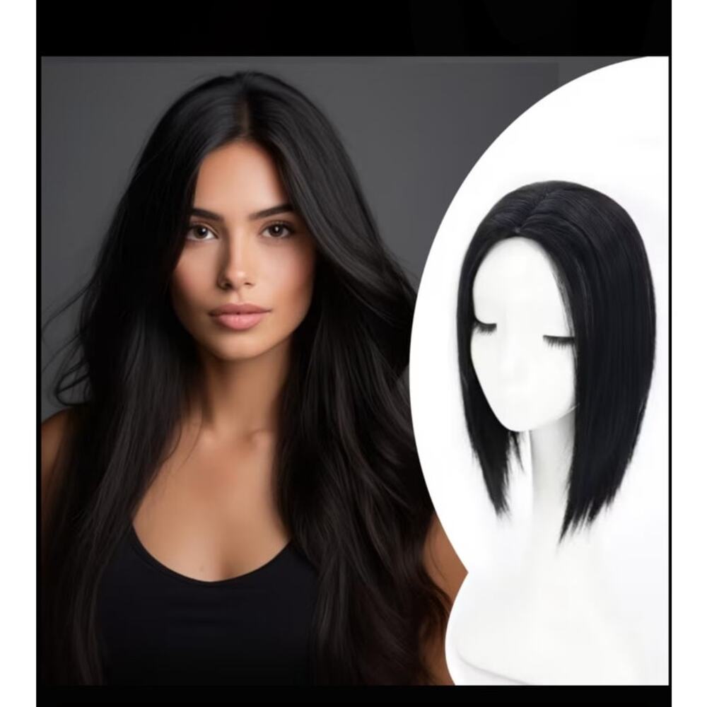 16" Synthetic Black Hair Topper with bangs